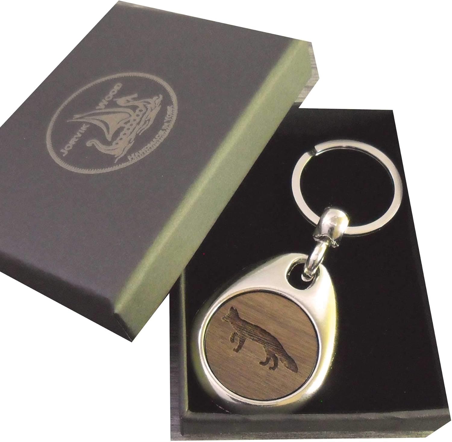 Jorvik Wood Fox Design Wooden Keyring with Gift Box, Brown, 2
