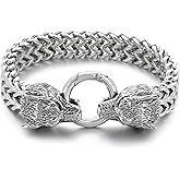 Klapgo Silver Stainless Steel Wolf Head Link Chain Bracelet for Men Vintage Gothic Bracelets for Men Biker Jewelry Franco Link Gift for Him