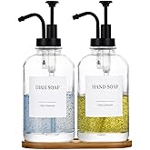 Glass Soap Dispenser with Pump, Dish and Hand Soap Dispenser for Kitchen Bathroom Set, Clear Glass Dispenser Set of 2 Pack with 18 Stickers Funnel Bamboo Tray 500ml 18oz / Each Bottle Sliver Pump