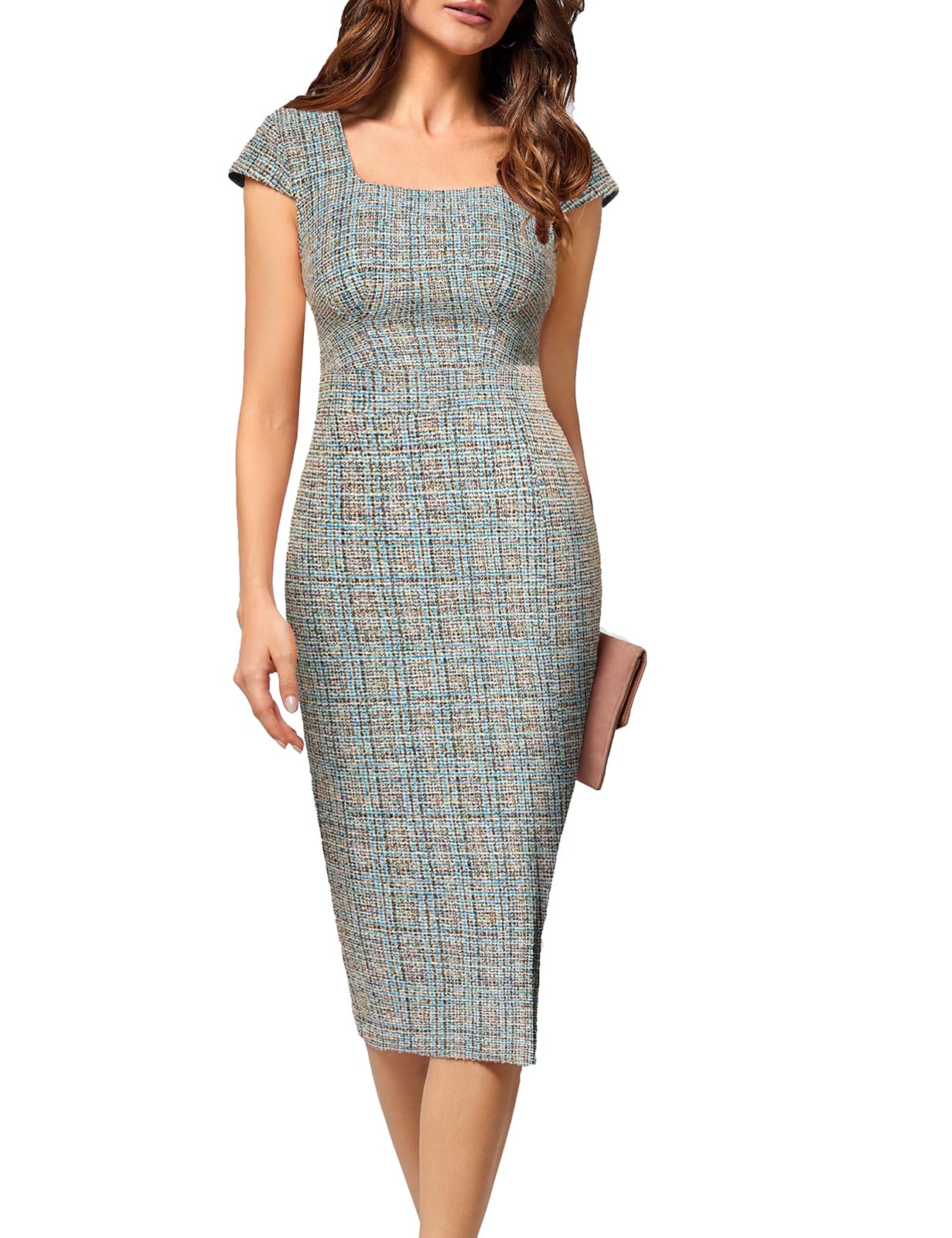 Photo 1 of Dresses for Women 2025 Summer Homecoming Dress Vintage Tweed Pencil Dress Elegant Cap Sleeve Professional Interview Outfits for Women Blue M 