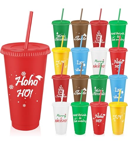 Sliner 12 Pcs Christmas Plastic Cups with Lids and Straws Bulk, 24 oz 6 Color Thick Plastic Tumbler with Lids and Straws Xmas Reusable Water Bottle