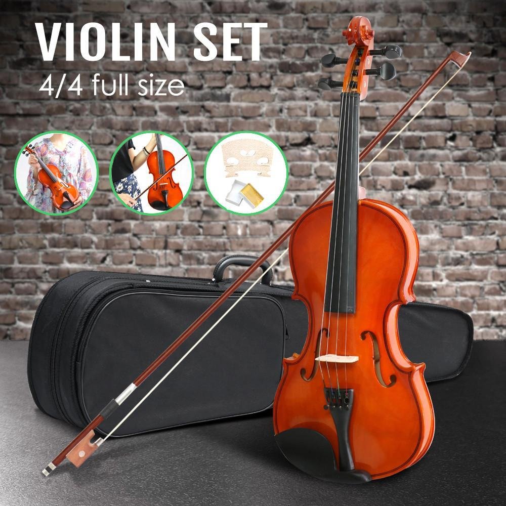 Popamazing New 4/4 Full Size Natural Acoustic Violin Set Antique Wood Violin with Bow&Rosin Cake&Bridge&Strings + Carry Case