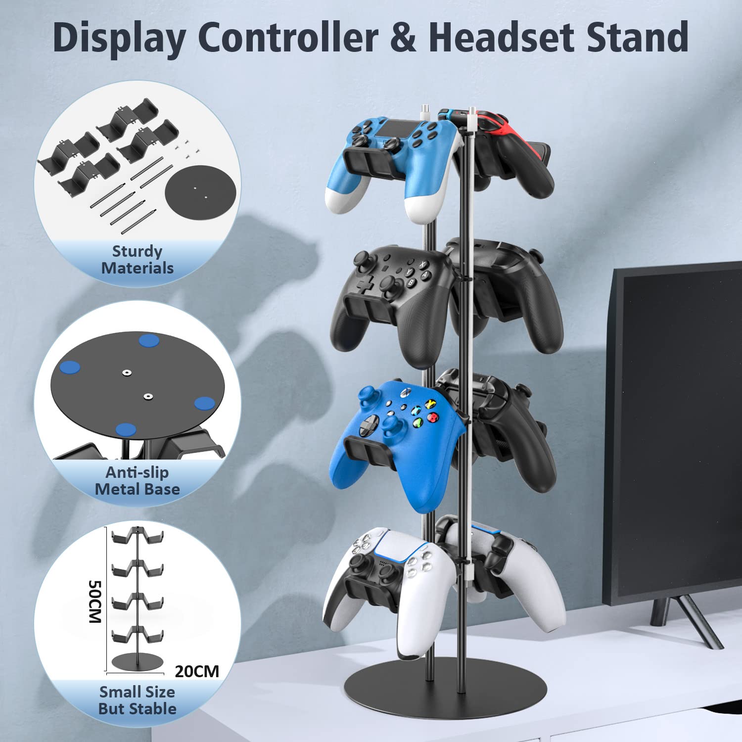 Gaming Deko Controller Halterung, 4-Stufen Controller Halter & Kopfhörer Halterung Tisch mit Kabel Gaming Organizer, Kopfhörer Halter für Universaler Controller/Headset, Gaming Zubehör Zimmer Deko 5