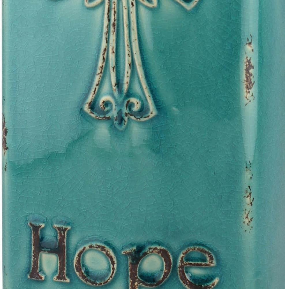 Stonebriar Decorative 12” Worn Turquoise Ceramic Bottle with Cross Detail, French Country Home Decor Accents, Vintage Vase Decoration for Dried or Artificial Flowers: Home & Kitchen