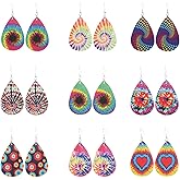 9Pairs Tie Dye Printed Leather Drop Earrings Set Lightweight Bohemia Teardrop Earrings Colorful Vintage Handmade Leather Dangle Earrings for Women Vaction Jewelry