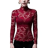 MAAYKOM Women's Sexy Slim Fitting Long Sleeved Turtleneck Pullover Bottom Shirt Mesh Lace Perspectives T-Shirt Top