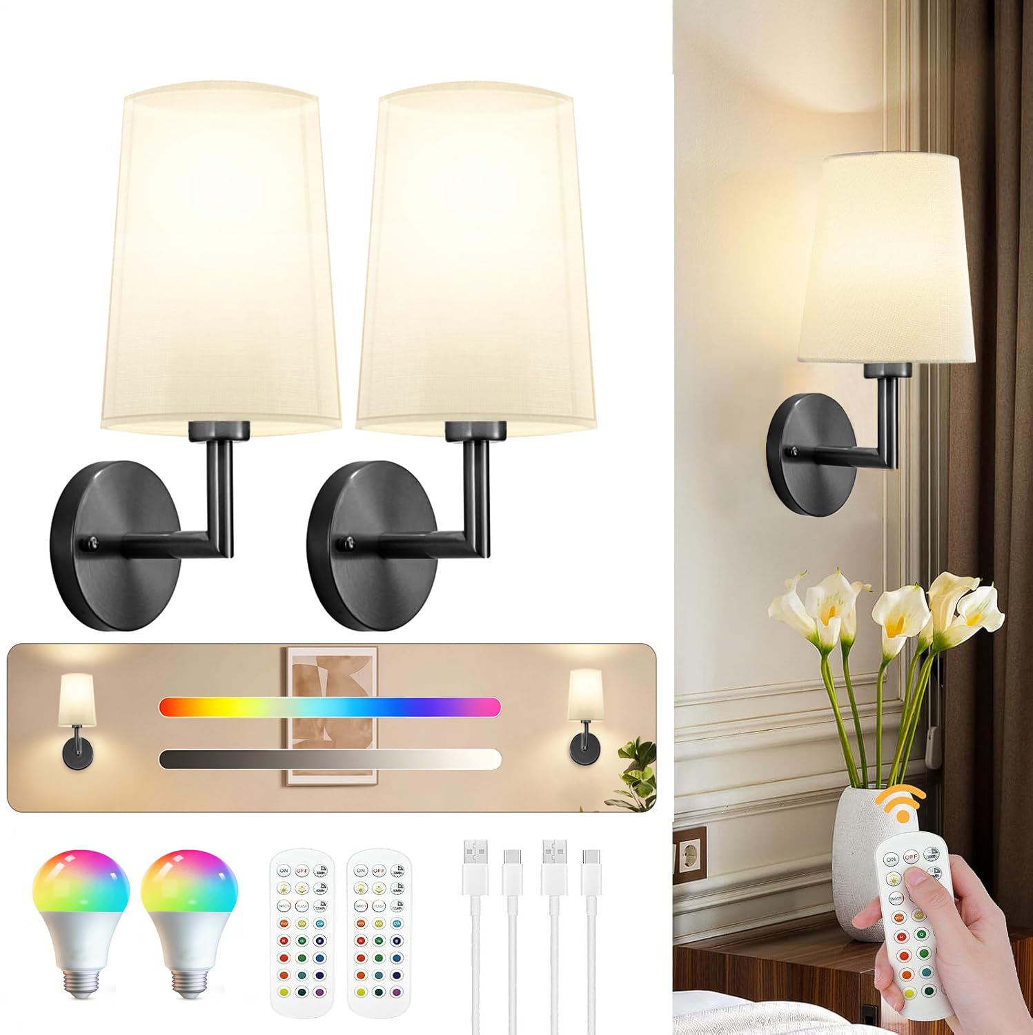 Photo 1 of JKEYES Battery Operated Wall Sconce Set of 2,Black Cordless Wall Lights with 5200mAh Dimmable Detachable Rechargeable Bulbs, 12 Colors Sconces Wall Decor for Bedroom Living Room Hallway