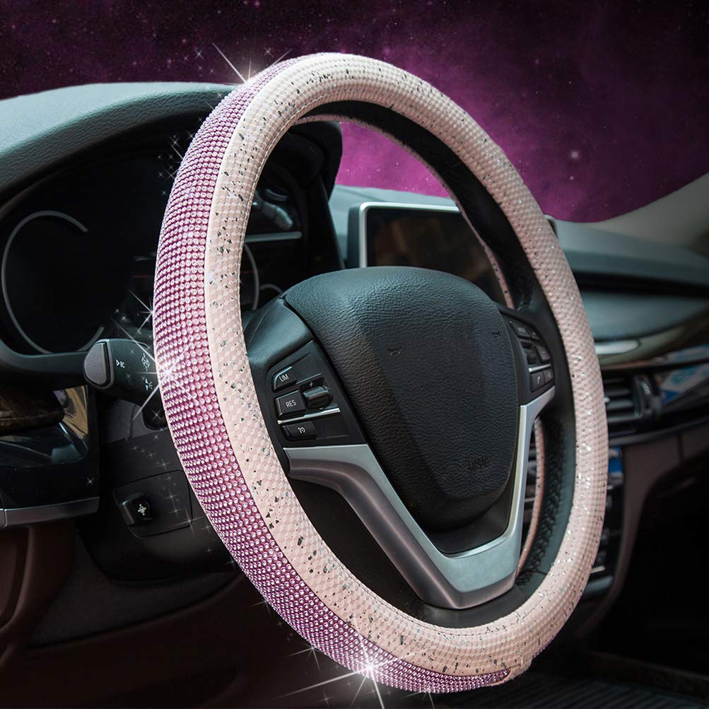 Steering Wheel Cover for Women, Sliver Bling Crystal Diamond Rhinestone Pink Leather
