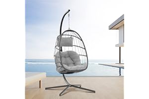 XIAO WEI Egg Swing Chair with Stand Hanging Egg Chair Outdoor - Rattan Wicker Patio Hanging Basket Hammock Chair with Aluminum Steel Frame and UV Resistant Cushion for Indoor Bedroom Balcony (Grey)