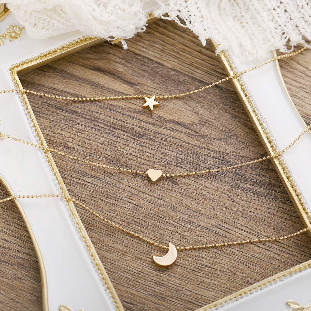 Ceqiny Multi-layer Choker Necklace Star Heart Moon Necklace Pendant Adjustable Chain Necklace Long Chain Tassels 3-Layer Charm Pendant Choker Friendship Necklace Gift for Women Girls, Gold: Clothing