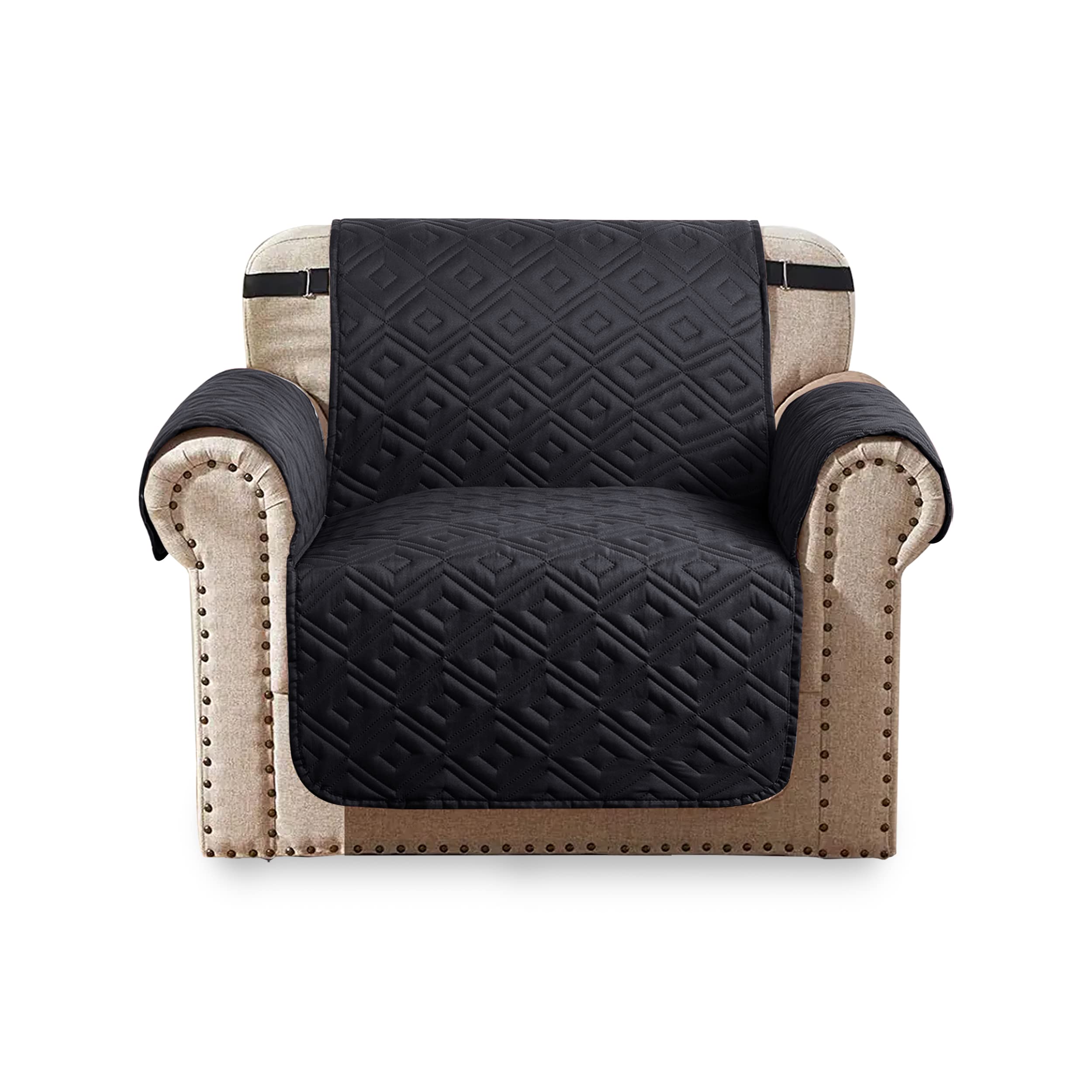 Oxford Homeware Sofa Slipcovers 1 Seater Embossed Water Proof with Adjustable Elastic Straps Quilted Reversible Sofa Covers for Pets & Kids (Black - Dark Grey, 168cm x 179cm)