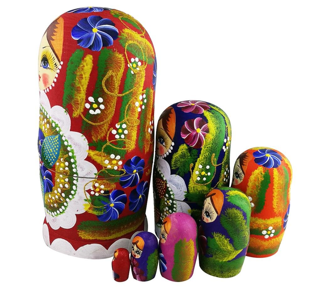 Winterworm® 7pcs Red Flowers and Berries Wooden Russian Nesting Dolls Matryoshka Russian Doll