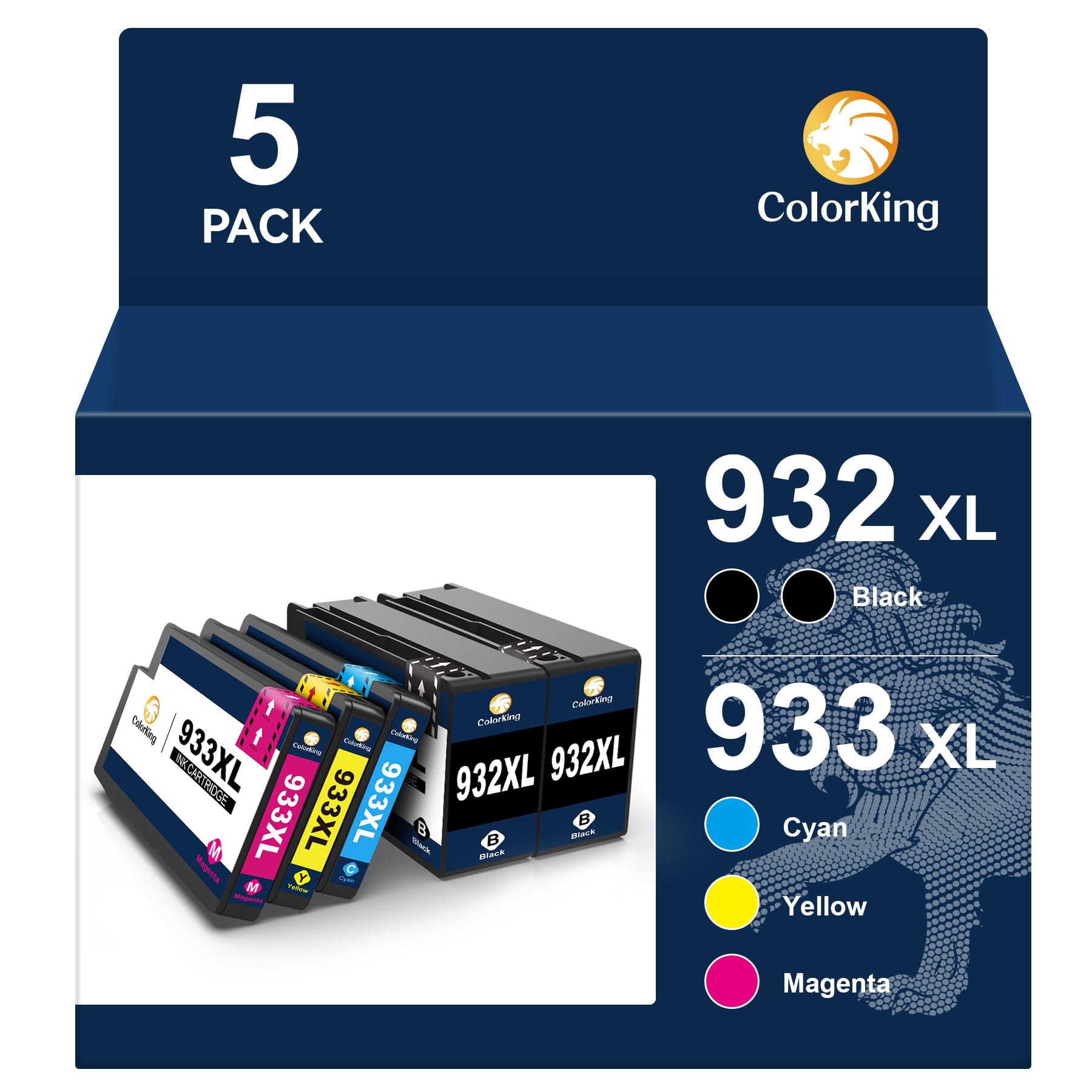 ColorKing 932XL 933XL Ink Cartridges Multipack Replacement for HP 932XL 933XL 932 933 Combo Pack for OfficeJet 6600 7510 6700 7110 7610 7612 6100 (2 Black, 1 Cyan, 1 Magenta, 1 Yellow, 5 Pack)