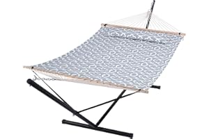 SUNCREAT 55 Inch Extra Large Double Hammock with Stand, 475lbs Capacity, Outdoor Portable Hammock with Hardwood Spreader Bar, Extra Large Pillow, Grey