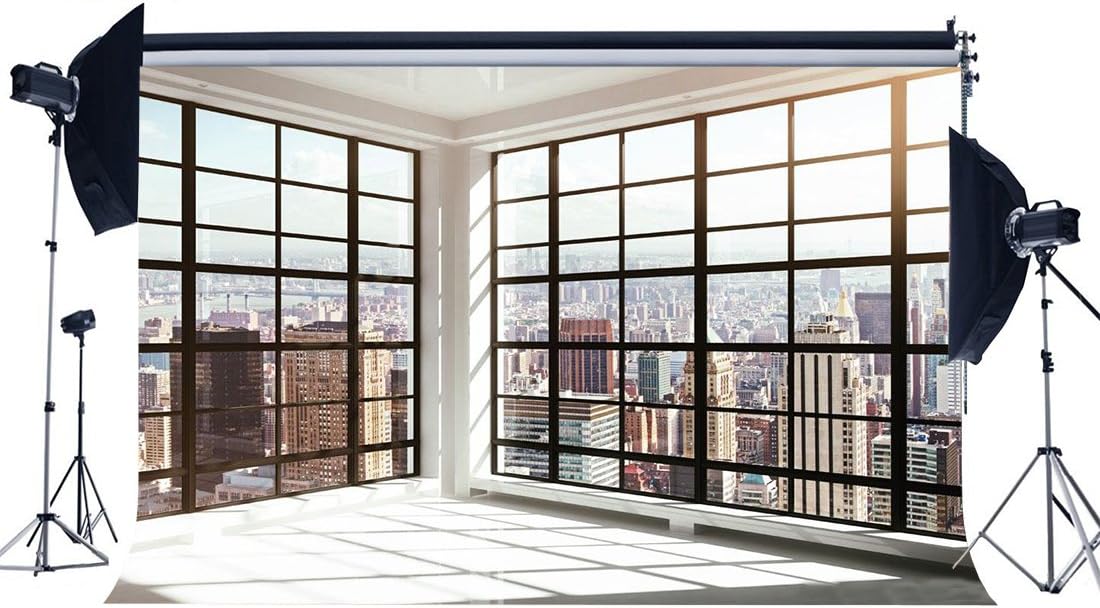 Haosphoto Office Room Backdrop 7X5FT Vinyl French Sash Backdrops American New York City Cityscape Business Street View Skyscraper Photography Background for Photo Studio Props YX233