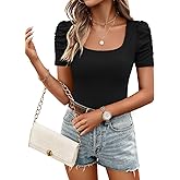 ZESICA Women's Square Neck Puff Sleeve Tops 2026 Summer Ribbed Fitted Casual Work Business Basic T Shirts