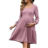 GINKANA Womens Maternity Sweater Dress for Winter Long Sleeve Elegant Babydoll Dresses Flowy Fashion for Photo,Pink,M