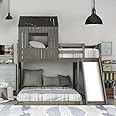 Okak House Bunk Bed with Slide Loft Bed with Playhouse Twin Over Full Bunk Bed with Ladder and Safety Guardrail for Kids, Girls or Boys,No Box Spring Needed,Solid Wood Slats Support,Antique Grey