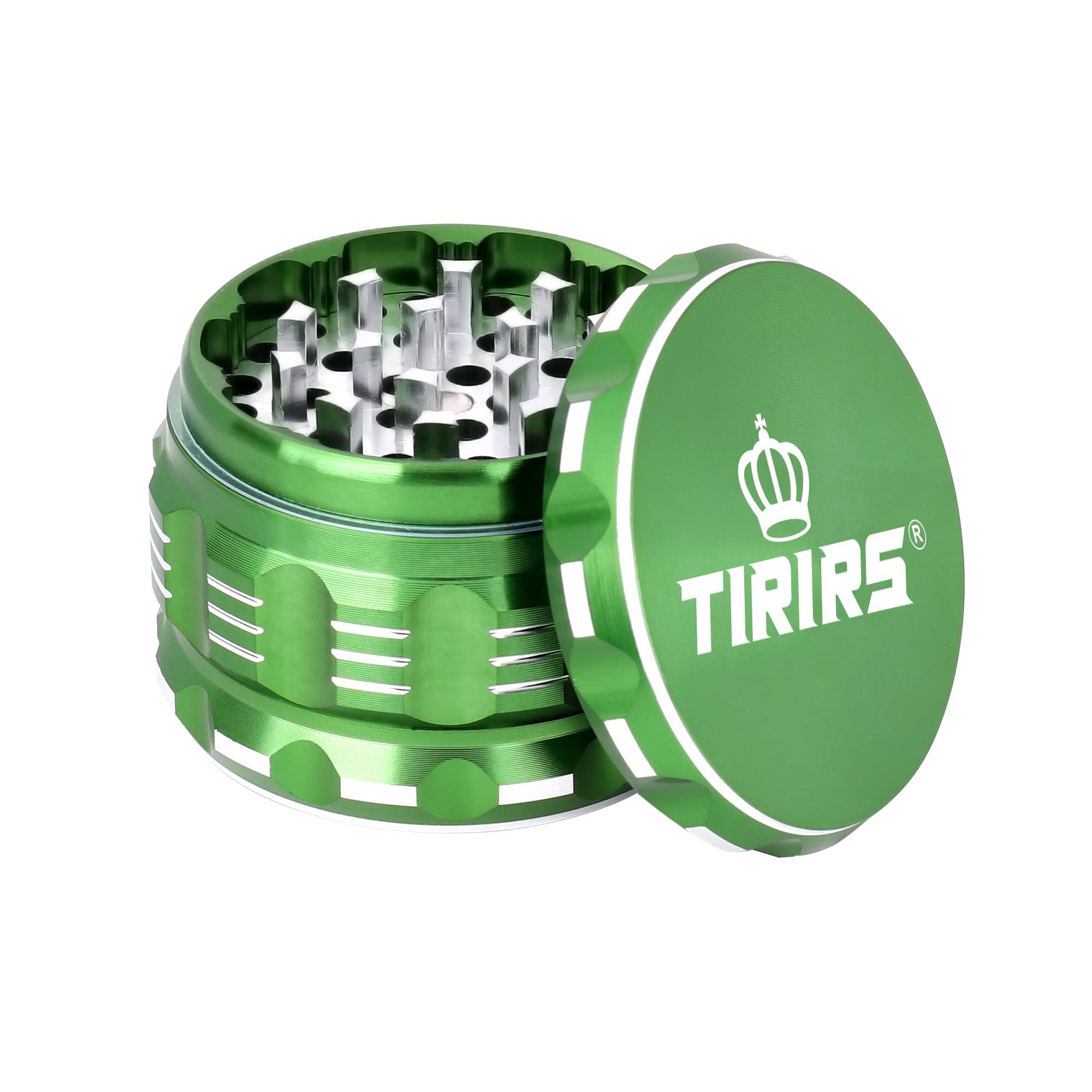 TIRIRS 2.5 Inches 4 Pieces Premium Herb Grinder - Aluminium Large Spice Grinder with Pollen Catcher, Comes with Pollen Scraper and Cleaning Brush, Green