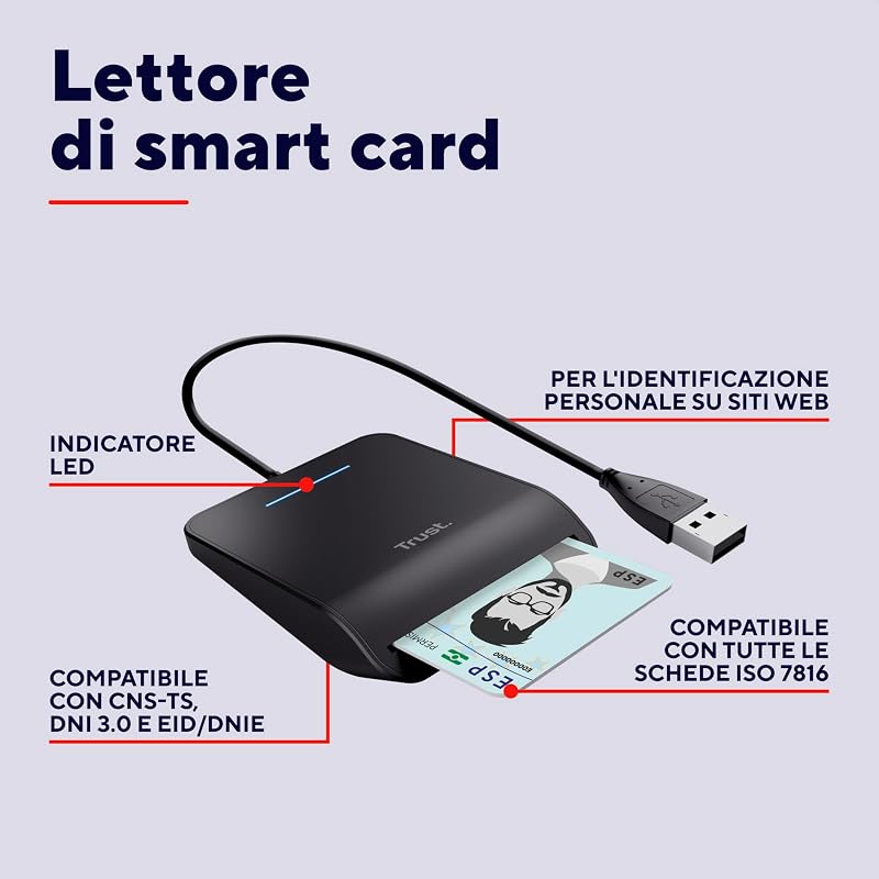 Primo Lettore di Smart Card DNI, Cavo USB, Nero