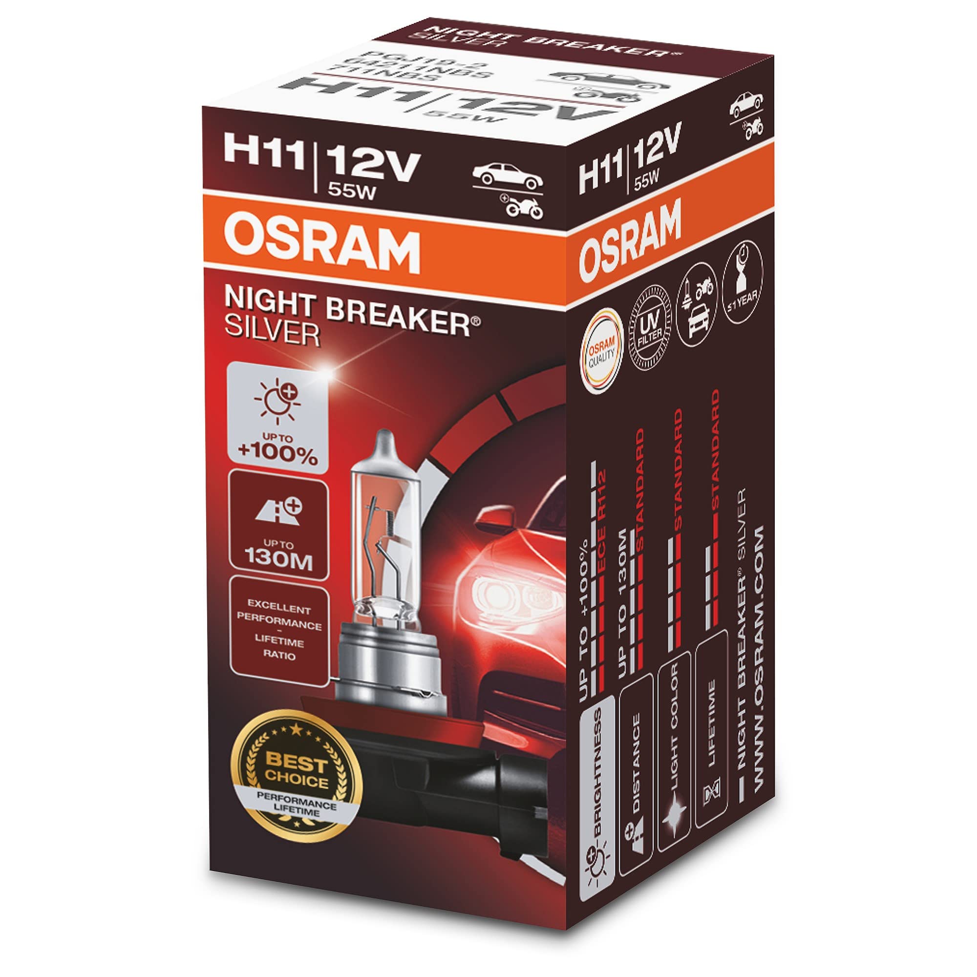 OSRAM NIGHT BREAKER SILVER H11, +100% more brightness, halogen headlamp, 64211NBS, 12V, passenger car, folding box (1 lamp)