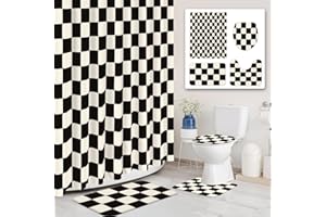 Tititex Aesthetic Checkerboard Grid Pattern Black Beige White Shower Curtain Set 4PCs with Non-Slip Rugs,Toilet Lid Cover and Bath Mat,Bathroom Decoration 71x71 Inch with Hooks
