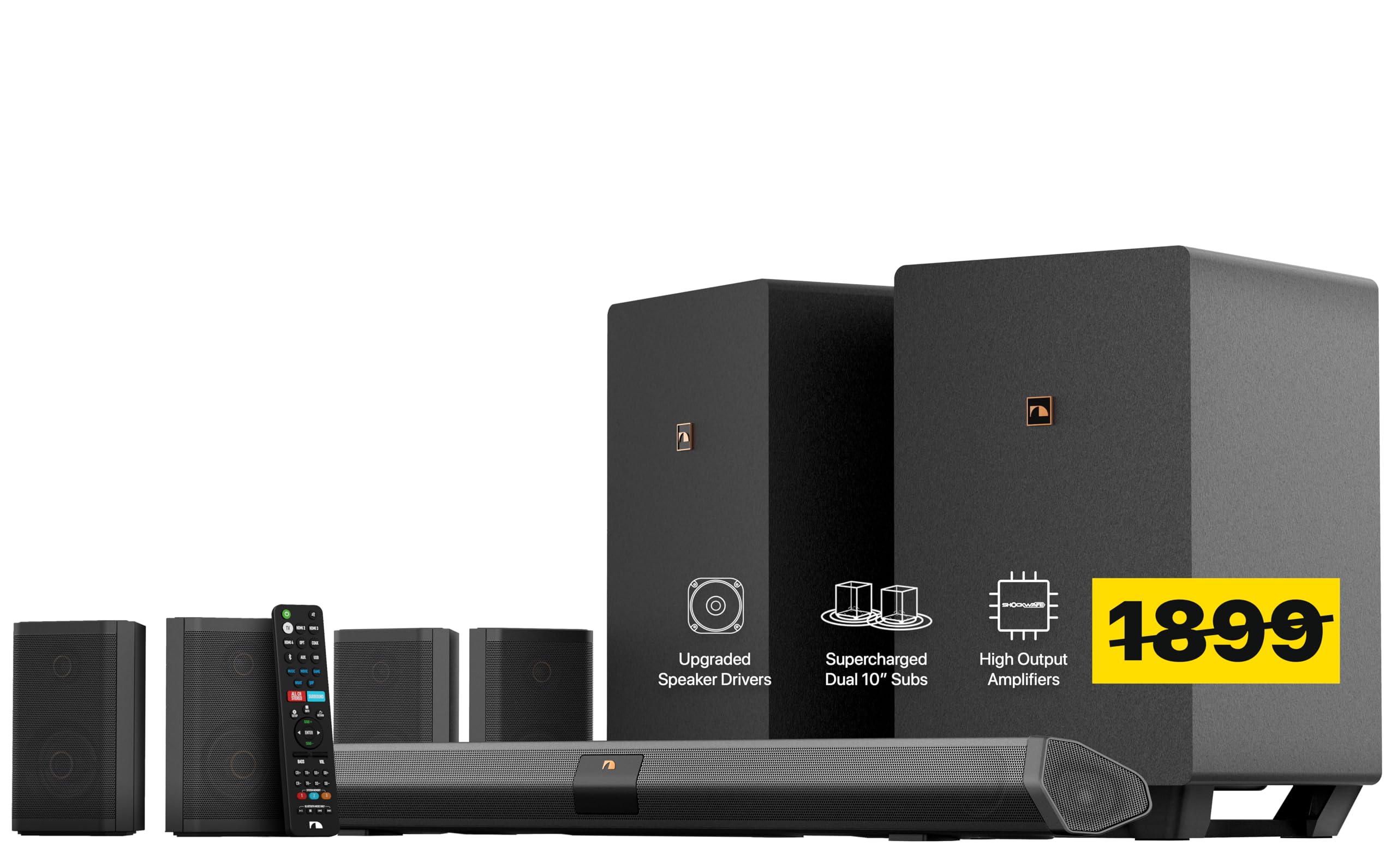 Nakamichi Shockwafe Ultra Sistema de barra de sonido de 9.2.4 canales con Dolby Atmos/DTS:X, subwoofers duales de 10, 4 parlantes envolventes traseros, potencia de salida máxima de 1300 vatios