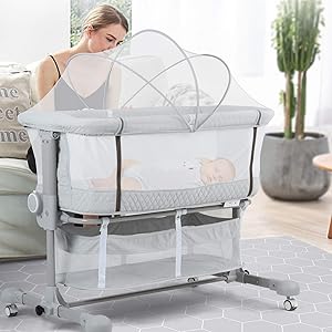 beiens 3-in-1 Baby Bassinet, Baby Crib Bedside Sleeper with Detachable Mosquito Net, 6 Height Adjustable Easy Folding Bassinet Portable Nursery Bed for Infant, Newborn, Baby Boys & Girls