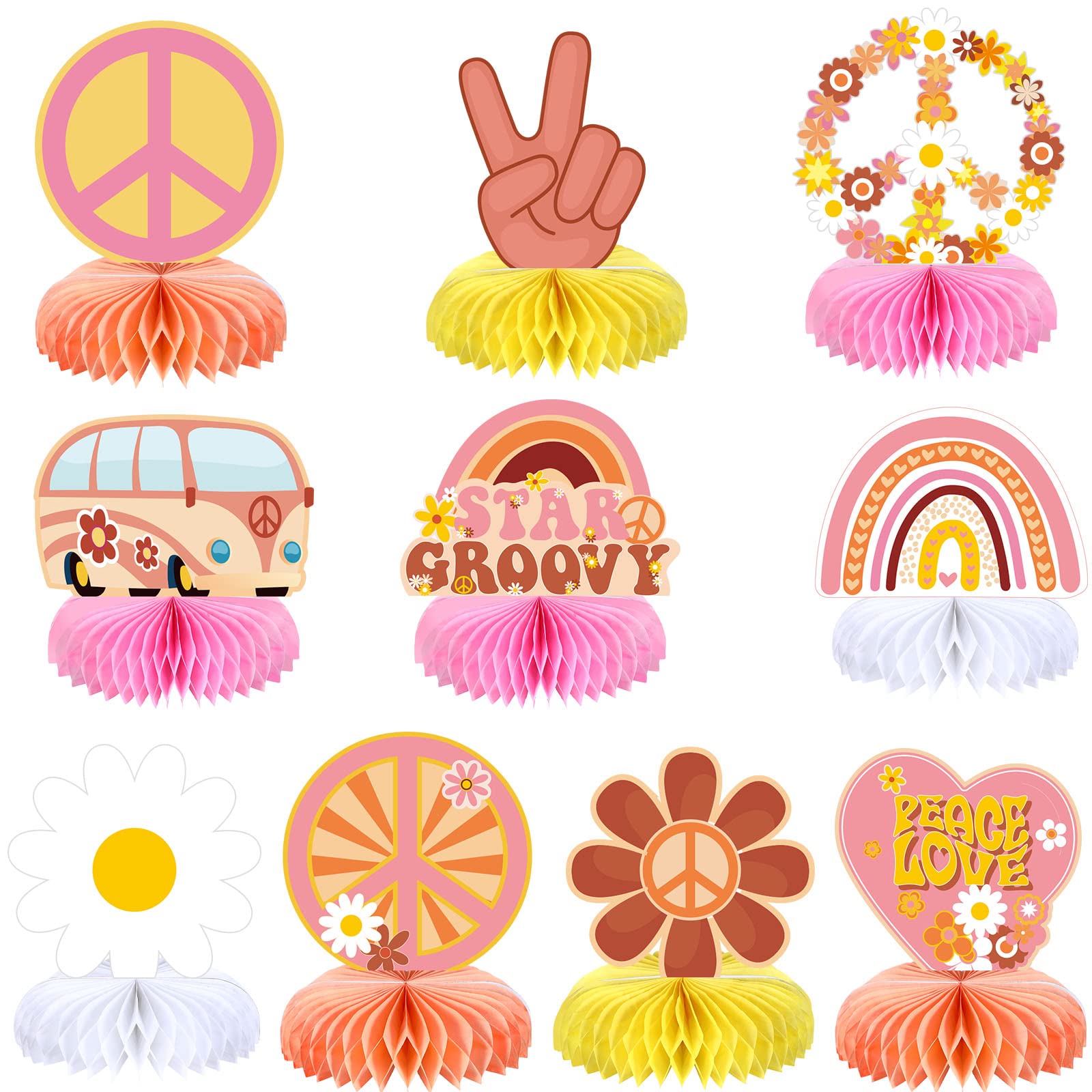 Photo 1 of 10 Pieces Two Groovy Party Decorations Groovy Retro Hippie Boho Party Honeycomb Centerpieces Table Toppers Double Sided Rainbow Daisy Flower Decorations for Girls Star Groovy Daisy Birthday Baby Shower Party Supplies