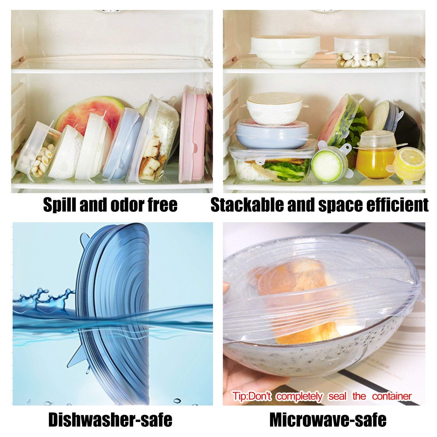 Silicone Stretch Lids - Set of 12 Reusable Clear Food Covers - Stretch Each Lid to Cover Your Bowls, Cups, Plates, Containers, Tupperware, Pyrex - Microwave, Dishwasher Safe