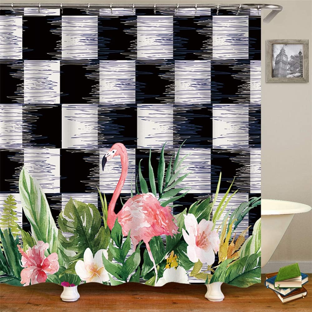 OCCIGANT Shower Curtain Pink Flamingo Tropical Palm Green Leaf On Black White Buffalo Check Plaid Geometric Wavy Background Waterproof Polyester Fabric Bathroom Decor Set with Hooks