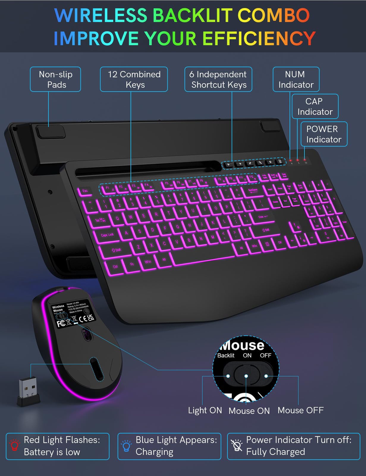 Wireless Keyboard and Mouse Combo- 7-Color Backlit, Wrist Rest, Rechargeable, Silent Light-Up Keys, RGB Mouse, Ergonomic Full Size Keyboard with Phone Holder for Windows, Mac, PC, Laptop - Trueque