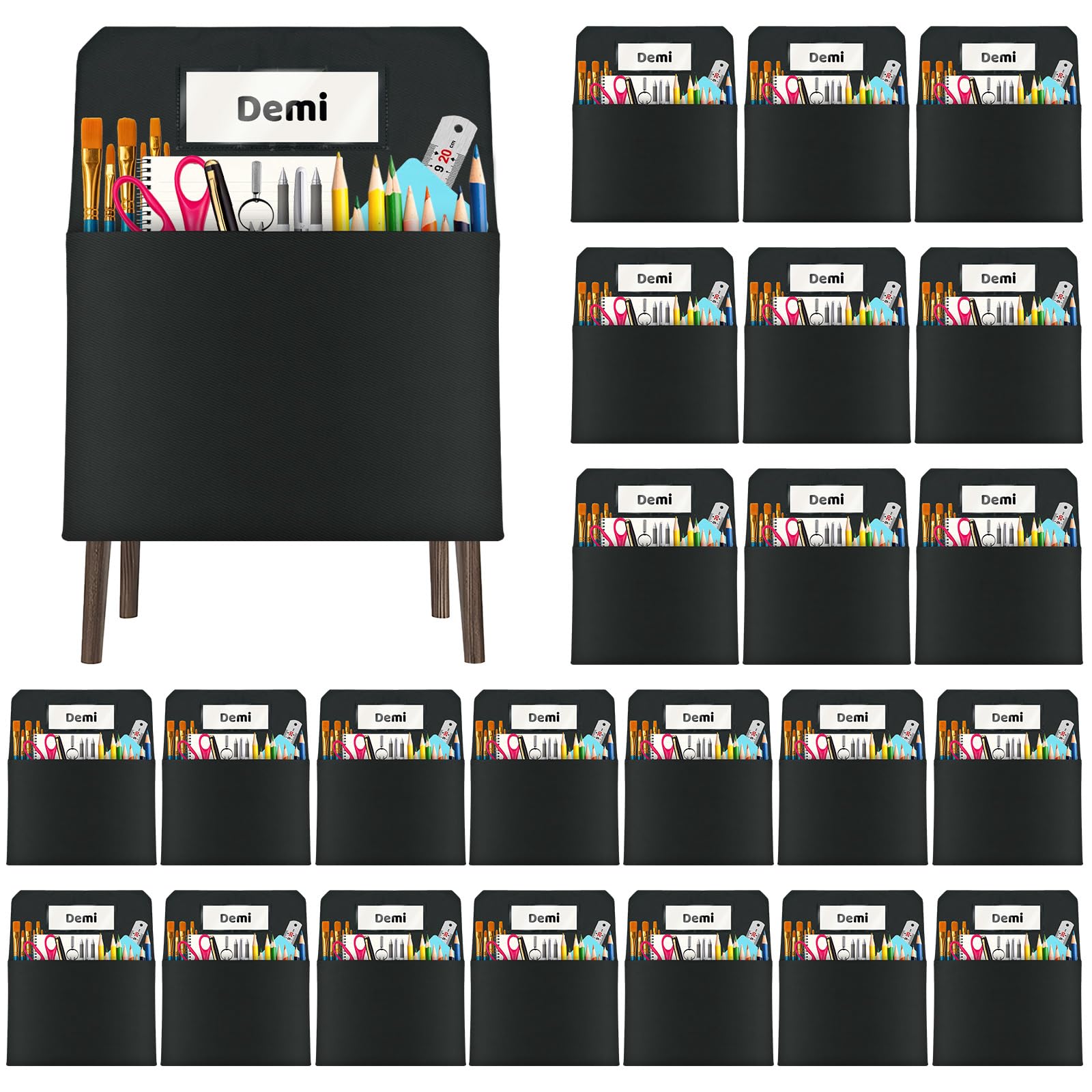 Photo 1 of 24 Pack Chair Pockets for Classrooms, 16 x 19 inch Pocket Chart Back of Chair Organizer for Kids with Name Slot, Seat Sacks for Classroom Chairs Seat Storage (Black, 24Pack)