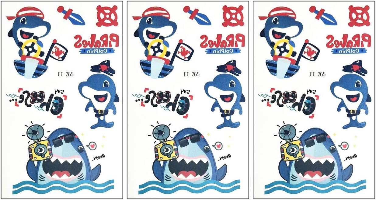 PARITA Small Tattoos Temporary Shark Whale Dolphin Captain Pirate Ship Funny Animal Cartoon Tattoo Fake Body Art for Children & Adults Halloween Birthday Party Accessories (Pack 3 PCS.) (08)