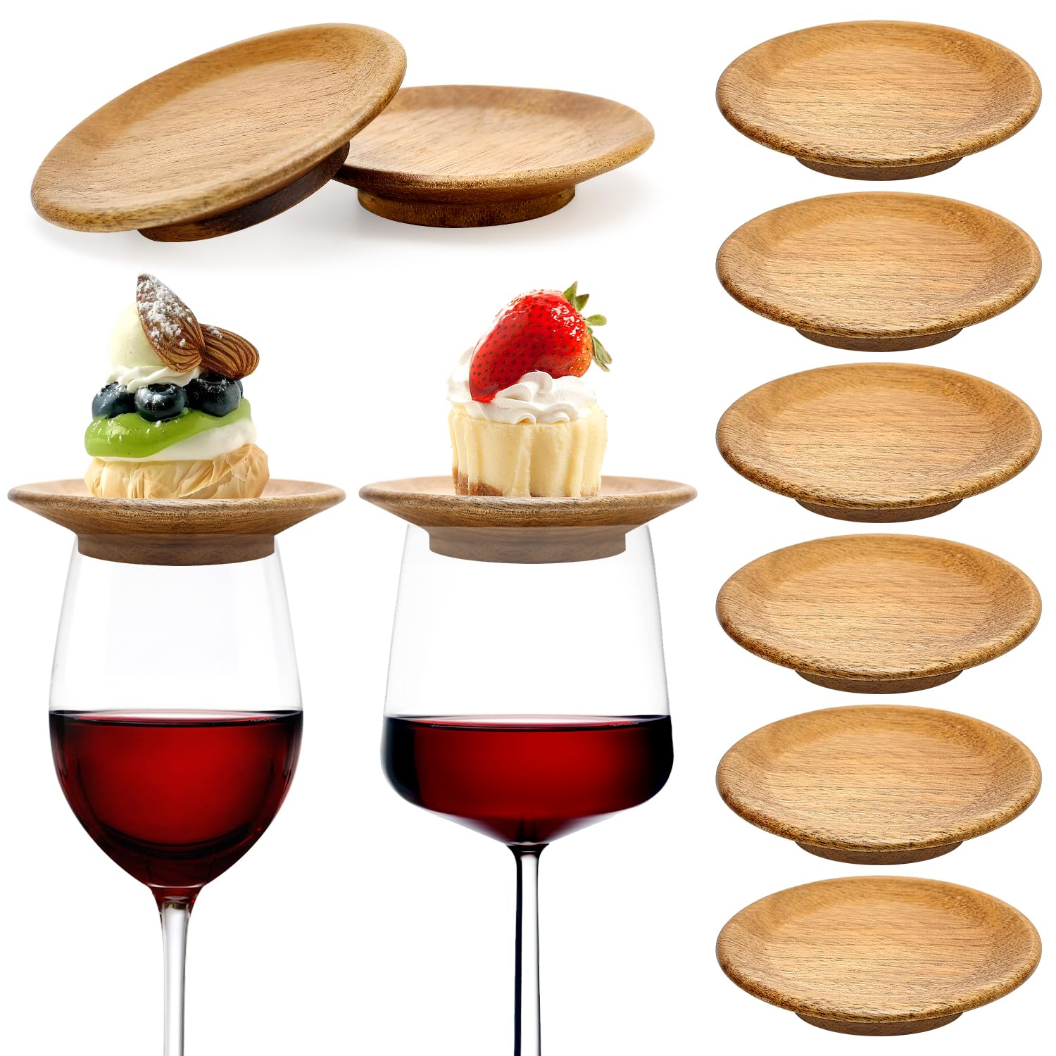 Photo 1 of 10 Pack Acacia Wood Wine Glass Charcuterie Topper Gift Set Mini Wooden Charcuterie Board for Wine Toppers Mug Cover Cup Lids Small Bamboo Appetizer Plates Glass Coaster Accessories Drink Covers