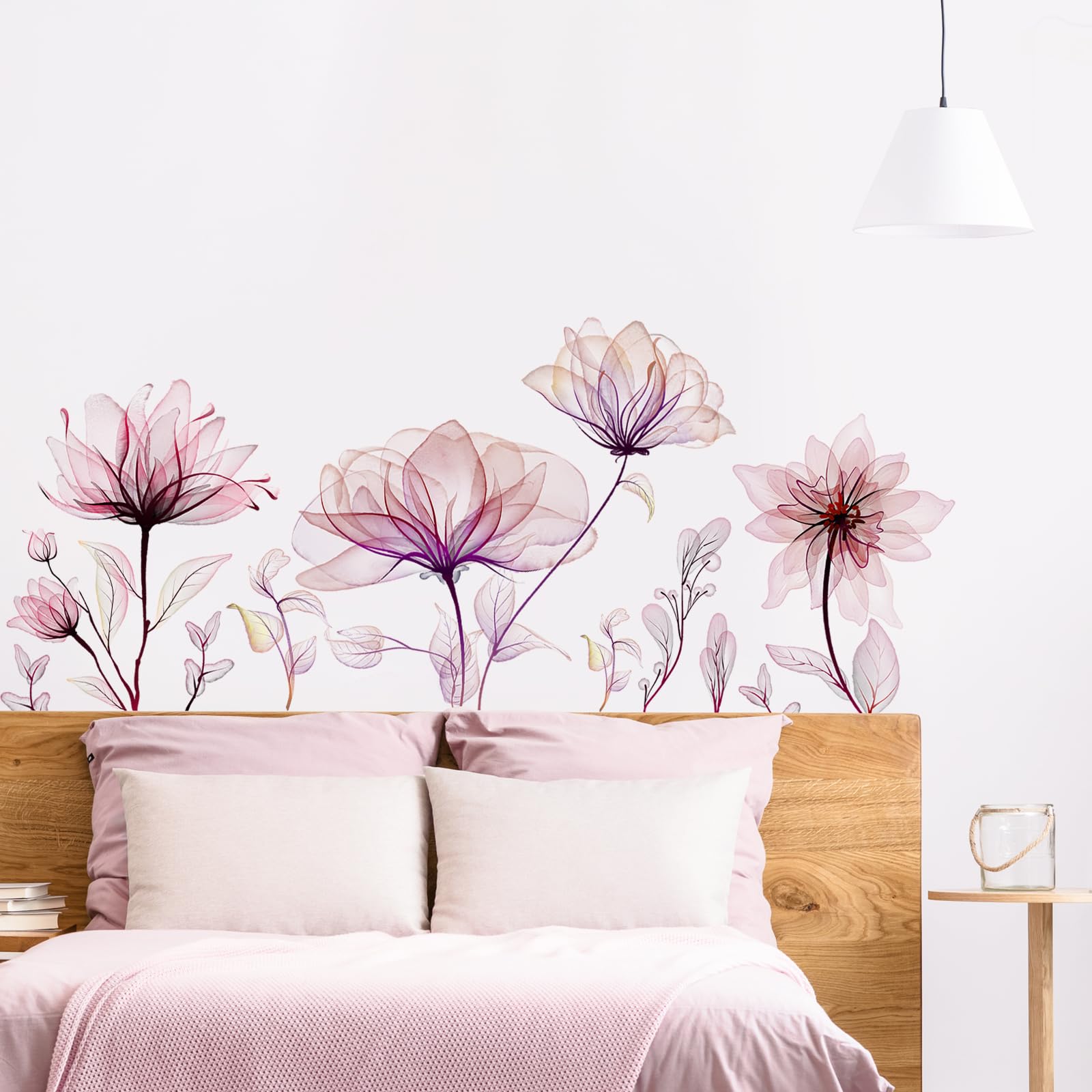 Tanlaby Pink Transparent Flower Wall Stickers, Watercolor Floral Leaves Branches Wall Decals Removable Wall Art Sticker for Women Girls Living Room Bedroom Office Sofa Background Wall Decor