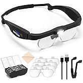KIMDDO Magnifying Glasses Headset, 1.5X to 5X Magnifying Glass with Light and 4 Detachable Lenses, Rechargeable Hands Free He