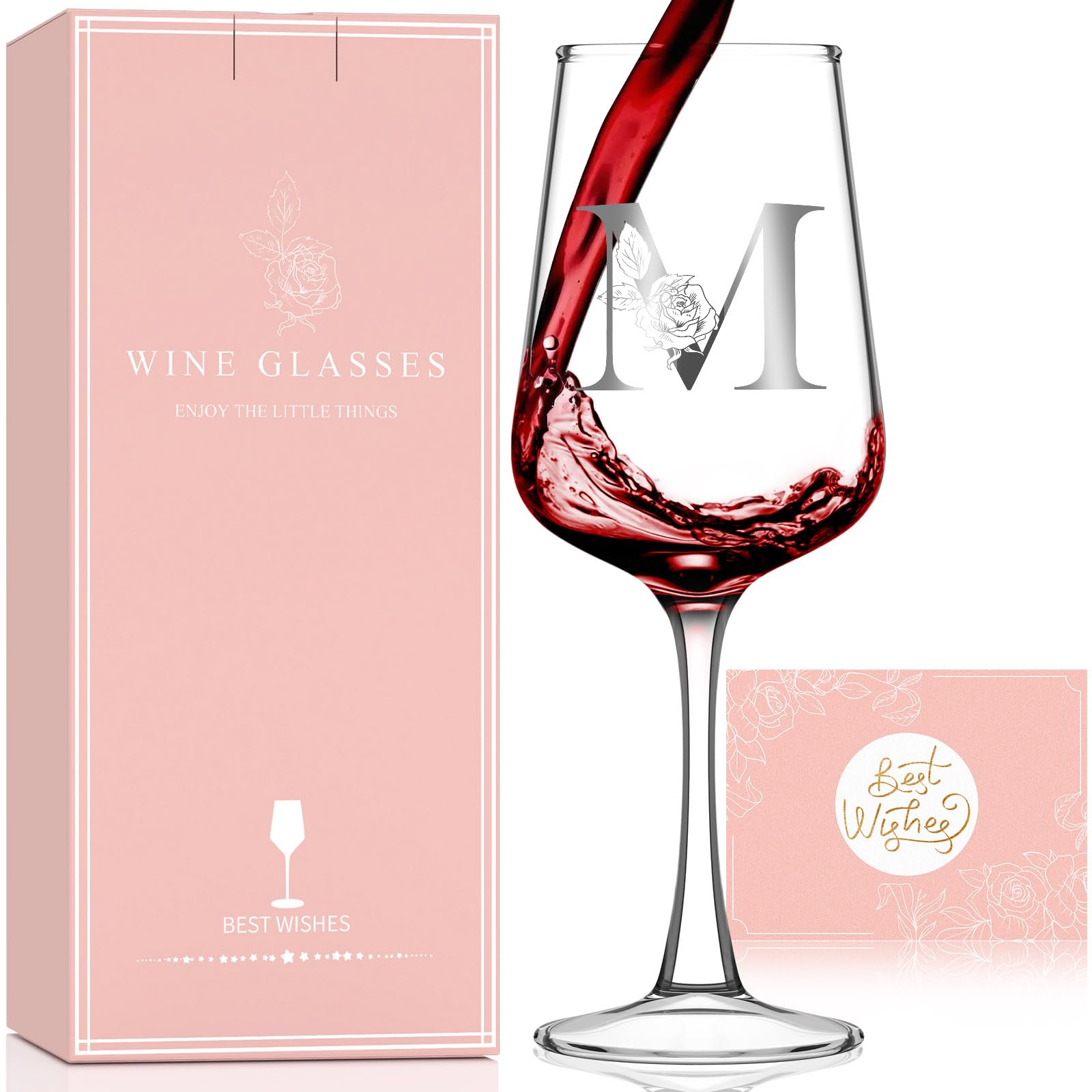 Photo 1 of Monogrammed Wine Glass Gifts for Women - Personalized A-Z Wine Glasses with Gift Box & Greeting Card | Custom Mothers day, Anniversary, Birthday Gifts for Her, Mom, Wife, Best Friend, Sister,Woman (M)