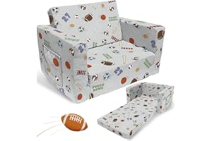 fond + found Kids Sofa Couch, Toddler Boys Girls 2-in-1 Convertible Lounger, Comfy Flip-Out Couch/Sleeper, Sports Theme Chair, Football Basketball Baseball Soccer Bed