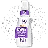 BU SPF 50 Kids Sunscreen Spray for Face and Body, Non Aerosol Spray, TSA Travel Size Sunscreen, Clear, Non Greasy, Water Resistant, Oil Free, Fragrance Free 1 oz