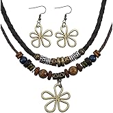 ValueBargain Boho Necklaces for Women, Multi-Layer Wood Bead Necklace with Hollow Flower Earrings, Retro Hippie Necklaces and Earrings Jewelry Set for Women & Men, Festivals and Everyday Wear