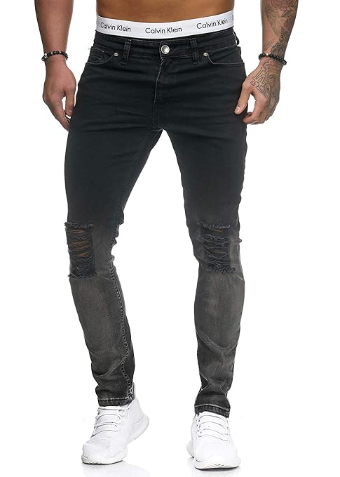 OneRedox Herren Jeans Denim Slim Fit Used Design Modell 5123 Schwarz-Grau