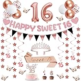 32Pcs Sweet 16 Party Decorations with Banners, Hanging Swirls, Star Garland, Sweet 16 Sash and Tiara, Cake Toper Candles, Butterfly, Balloons, 16th Birthday Decorations for Girls Rose Gold