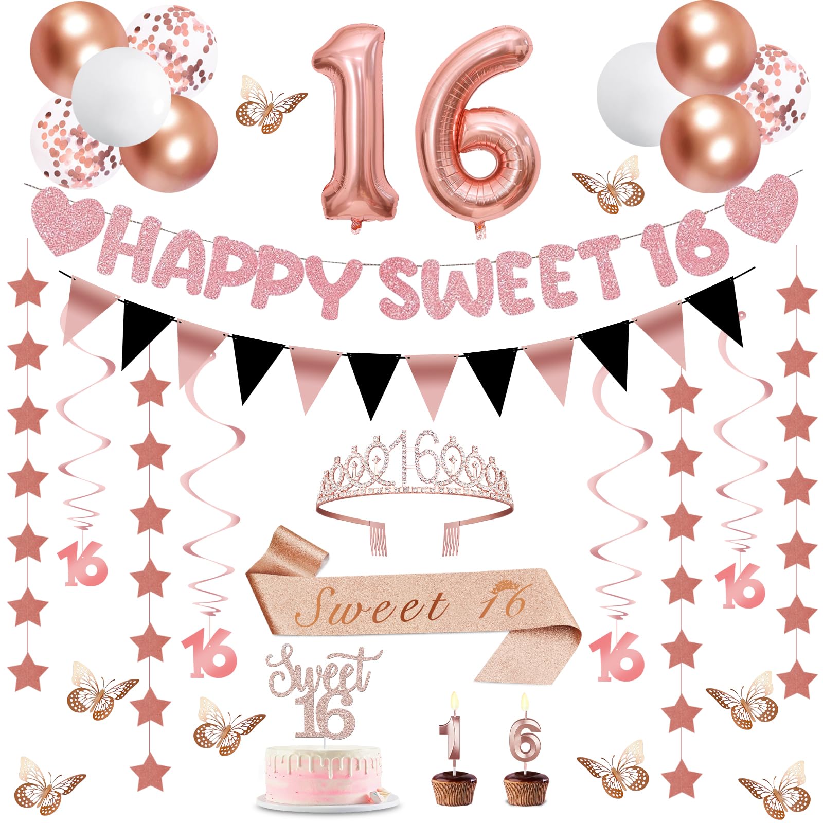 Photo 1 of 32Pcs Sweet 16 Party Decorations with Banners, Hanging Swirls, Star Garland, Sweet 16 Sash and Tiara, Cake Toper Candles, Butterfly, Balloons, 16th Birthday Decorations for Girls Rose Gold
