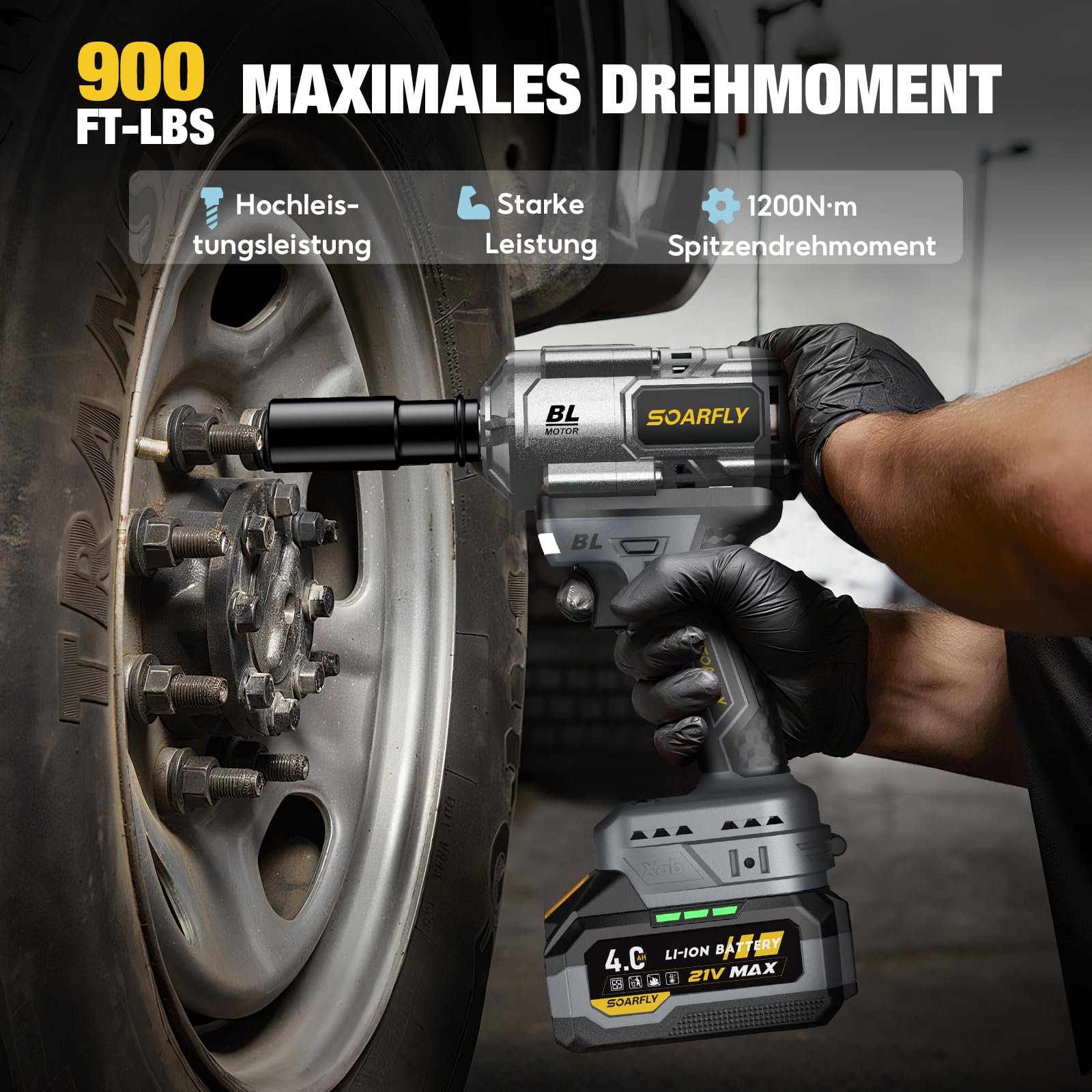SoarFly Akku Schlagschrauber, 1200 Nm (900 FT-LBS), 1/2-Zoll-Schlagschrauber mit hohem Drehmoment, bürstenloser Motor, 2x4.0Ah Akku, 3 Geschwindigkeitsstufen, für Reifenwechsel und Kfz-Wartung 3
