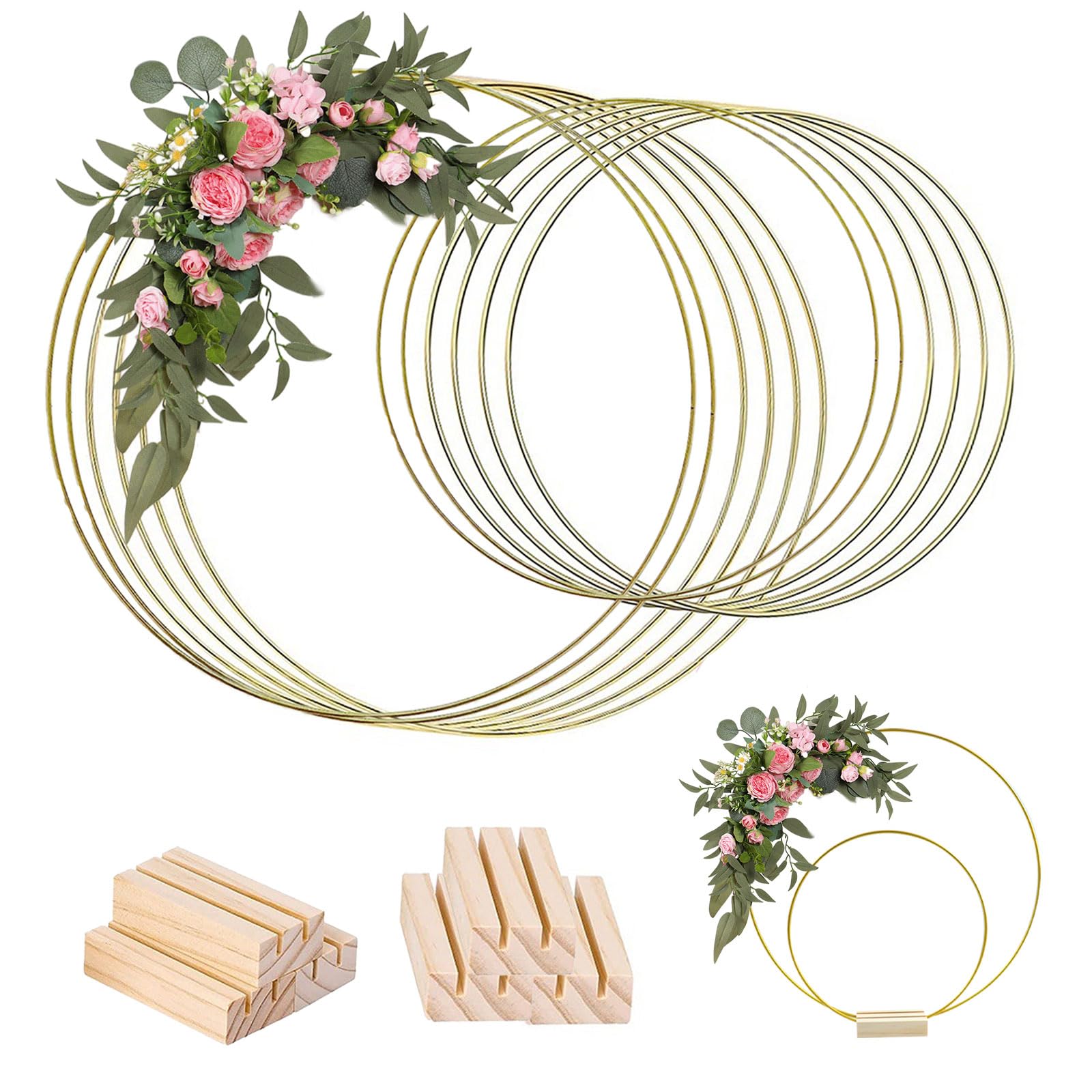 18Pcs Metal Floral Hoop Centerpiece For Table, Floral Hoop Wreath With Stand Gold Hoop Centerpiece, Gold Hoop Wreath Metal Wreath Ring For Diy Wedding Crafts, Party, Home Table Decoration