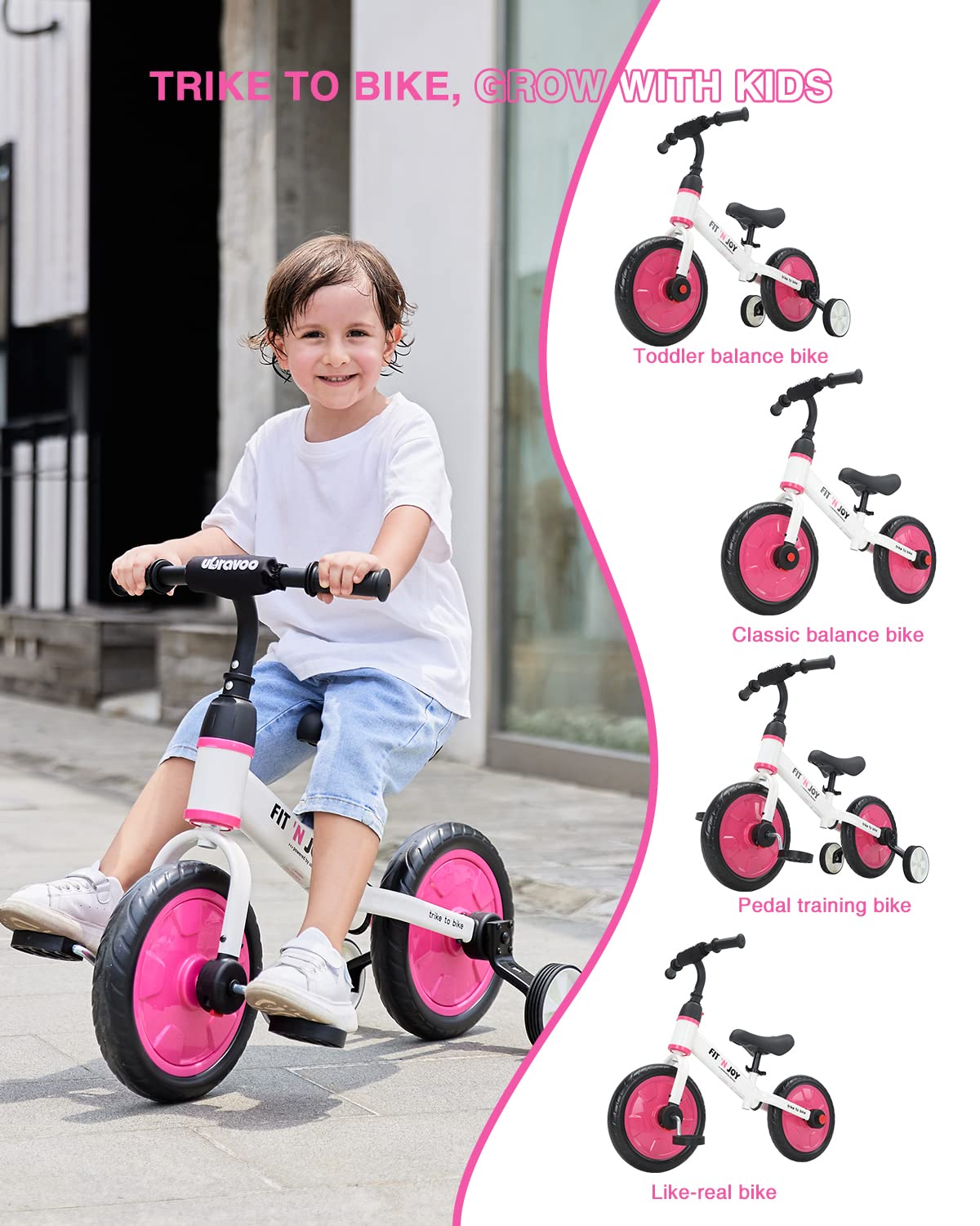 UBRAVOO Trike to Bike Riding Tricycles for Boys Girls 2-5, Fit 'n Joy Kids Balance Bike with Pedals & Training Wheels Options, 4-in-1 Starter Toddler Training Bicycle