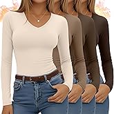 Velvelhall 4 Pack Women's Long Sleeve Thermal Shirts Fleece Lined V Neck Slim Fit Underwear Base Layer Basic Winter Warm Tops