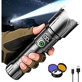 SKYFIRE LED Flashlights High Lumens with Digital Display&3 Color Lens,3000lm Super Bright Rechargeable Flashlight,5Modes&Zoomable,Waterproof Tactical Flash Light for Camping,Emergency&Gift-Upgraded