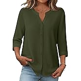Zeagoo Button Down Shirts for Women 3/4 Sleeve Linen Cotton V Neck Tops Dressy Casual Loose Work Blouses